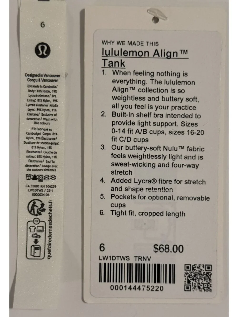 lululemon Align Tank Top Black Size 6 Nulu Built In Bra Yoga LW1DTWS
